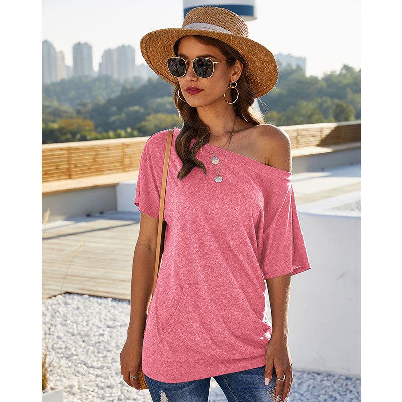 Solid T-shirt Casual Personality Pocket Shirt Summer One Shoulder Top Aesthetic Clothes Loose Shirts for Women Harajuku Blouse Female Lazy Shirts