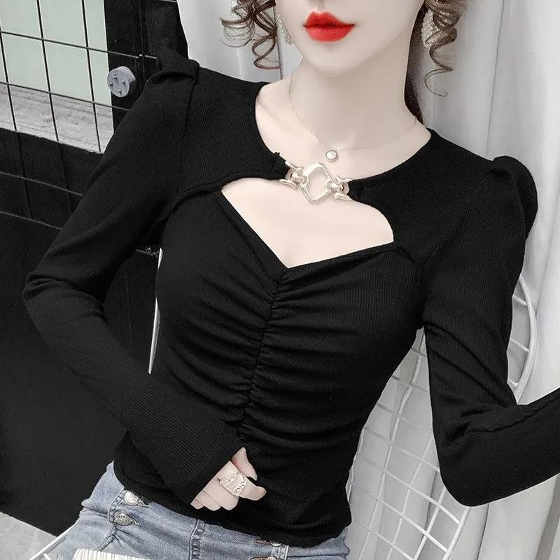 Women's Spring and Autumn Solid Color T-shirt Slim Long Sleeve Top