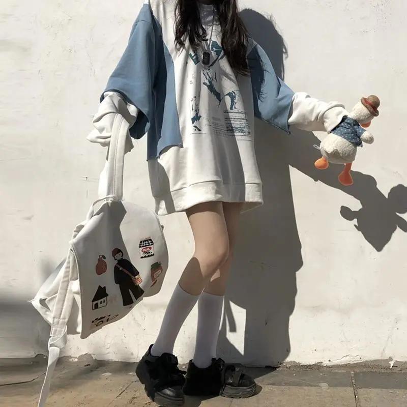 Women Hoodies Oversized Pullover Sweatshirts Fashion Printed Fake Two Piece Long Hoodies Harajuku Streetwear Hip Hop Women Hoodies Sweatshirt Tops