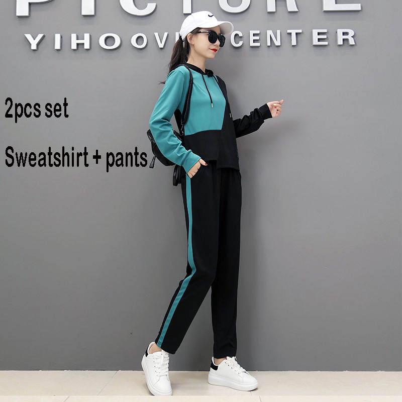 Two Pcs Set Wild Long -Sleeved Casual Sweatshirt Set Large Size Autumn And Winter Women 'S Clothing