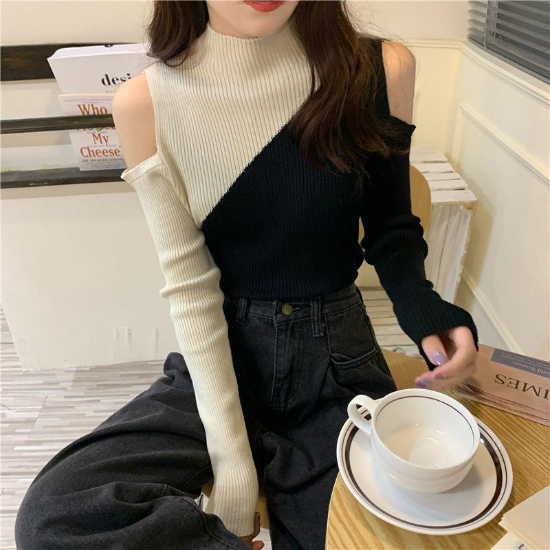 Sweater Women's Half Turtleneck Strapless Sexy Pullover Knitwear Slim Korean Patchwork Top Trendy Sweater Autumn Winter Jumper