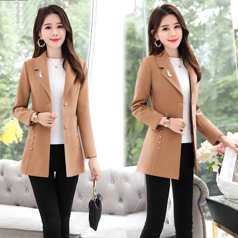 Autumn Winter Elegant Brooch Women Coats Warm Woolen Long Sleeve Slim Outwear Lapel Cardigan Jacket