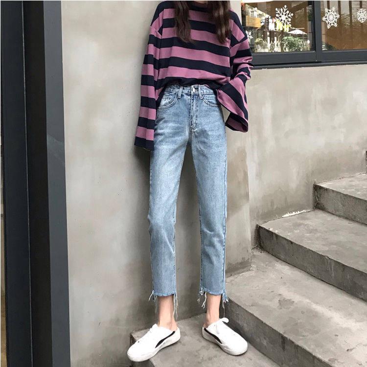 WTEMPO Retro High-waisted Jeans Schoolgirl  Thin Loose Straight Comfortable and Elastic Nine Pants