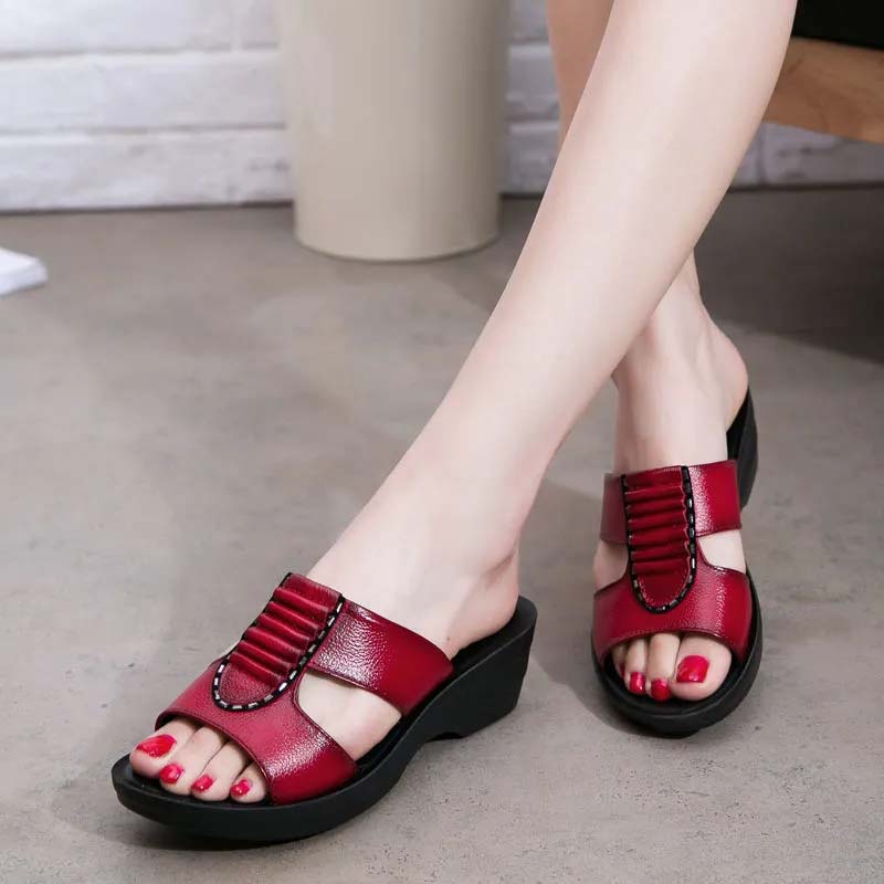 [Top Layer Cowhide] Mother Sandals Slippers Women's Leather Summer Sandals Soft Bottom Middle Heel Non-slip Wear-resistant Slippers Simple All Match