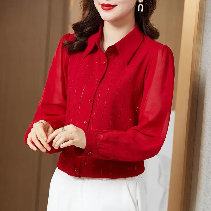 Rhinestone Chiffon Shirt Women's Long-sleeved Shirts Spring and Autumn Solid Color Lapel Mesh Blouse Temperament Button Up Lantern Sleeves Casual Tops