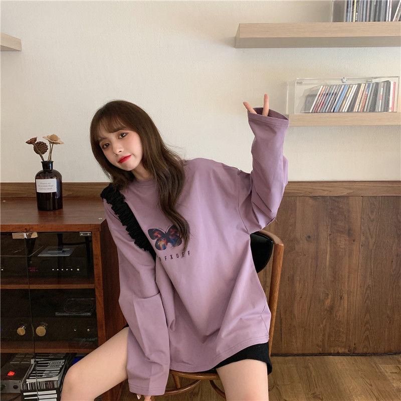 Women's Summer Tshirt Butterfly Print T-shirt Casual Loose Fall Long Sleeve Tee Top Pullover