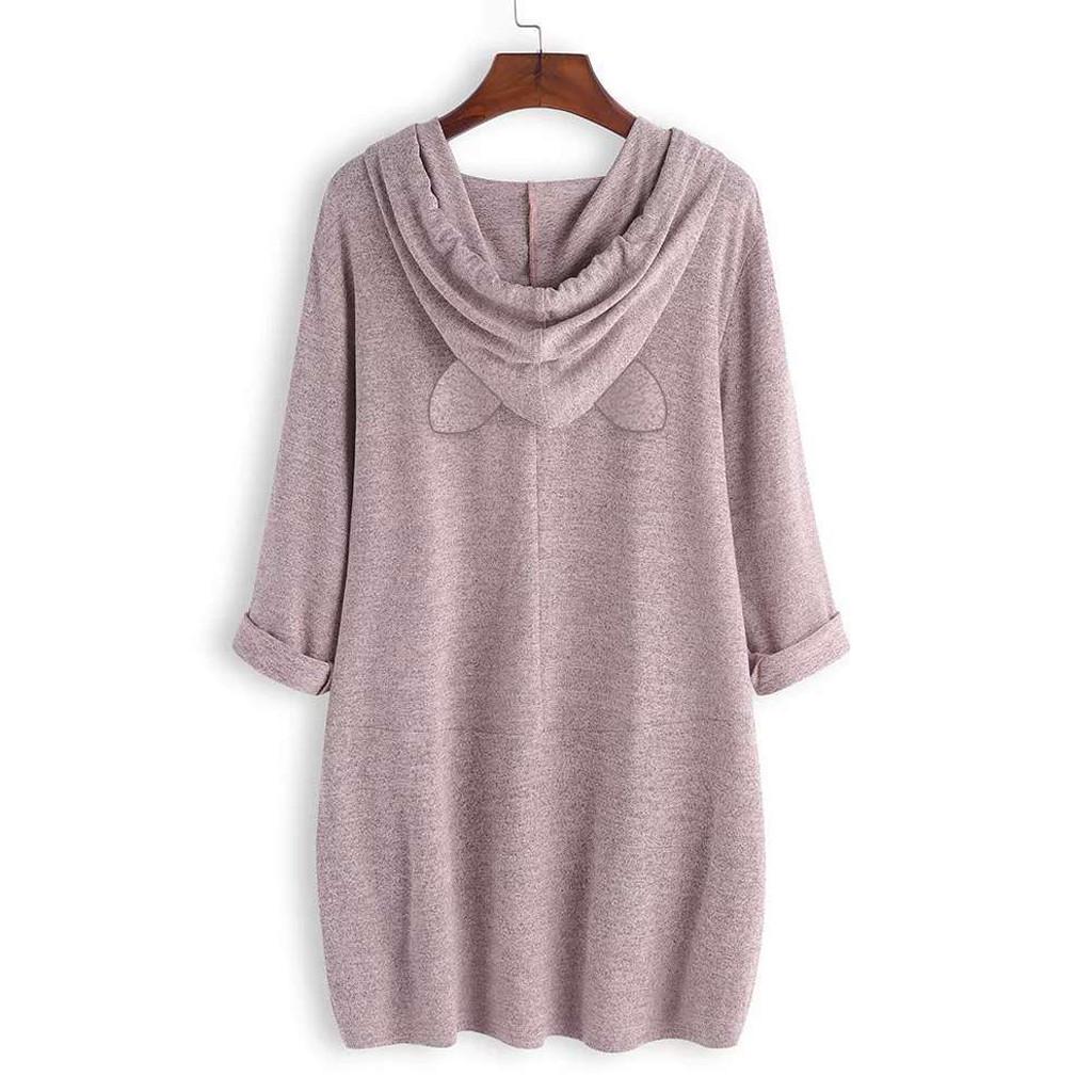 Women Casual Print Cat Ear Hooded Long Sleeves Pocket Irregular Top Blouse Shirt