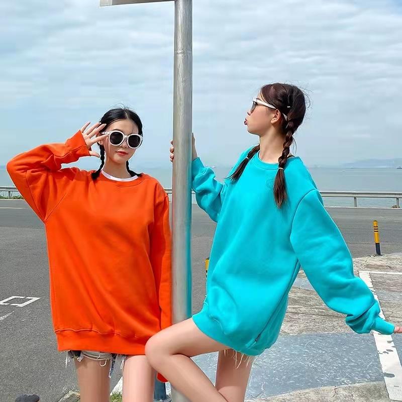 Sisters Outfit Color Plus Size Loose Round Neck Sweater Unisex Class Clothes Couple Candy Color Long Sleeve Pullover Sweatshirt Girlfriends Outfit