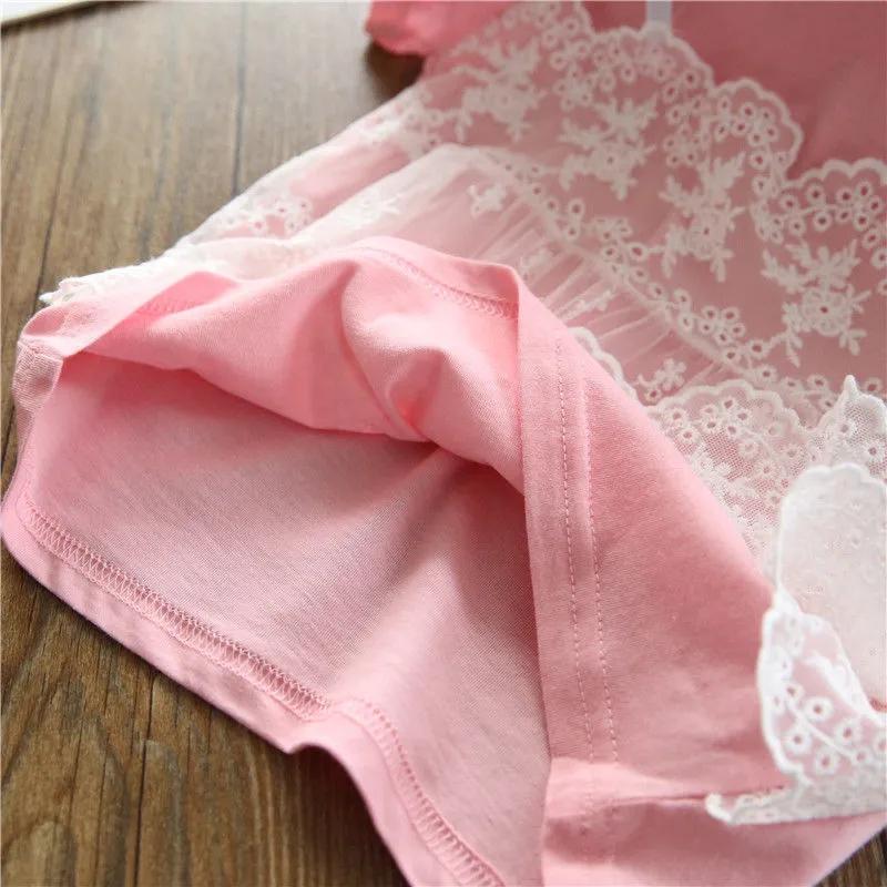Cotton Girl Fake Two Summer T -shirts Female Baby Children's Children's Clothing Lace Wild Short Sleeve Top
