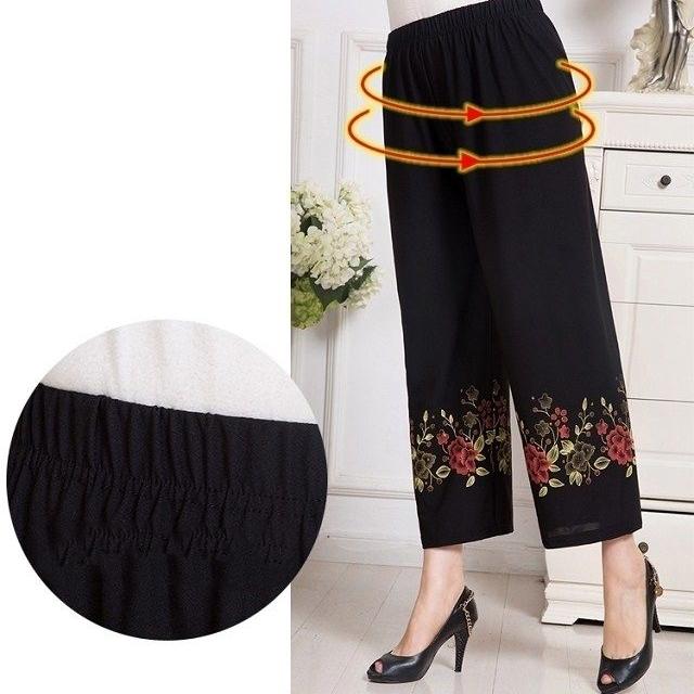Women Summer Thin Pants Big Size Loose Elastic Waist Simple Cropped Pants High Waist Wide Leg Floral Printed Mothers' Casual Straight Pants