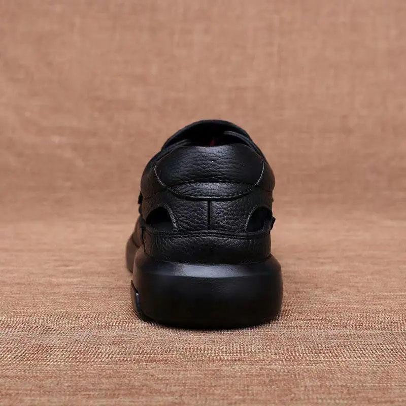 Summer Men's Sandals All-match Soft Bottom Soft Leather Non-slip Breathable Toe Cap Roman Sandals Hollow Velcro Sandals
