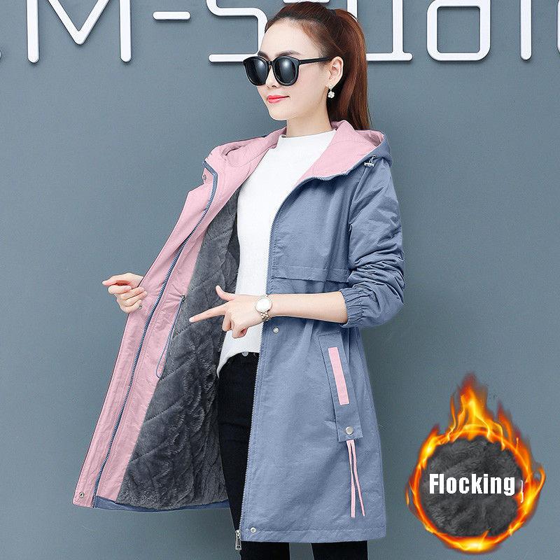 Autumn and Winter Plus Velvet Mid-length Overcoat Women's Slim  All-match Hooded Parka Jacket Female Flocking Trench Coat
