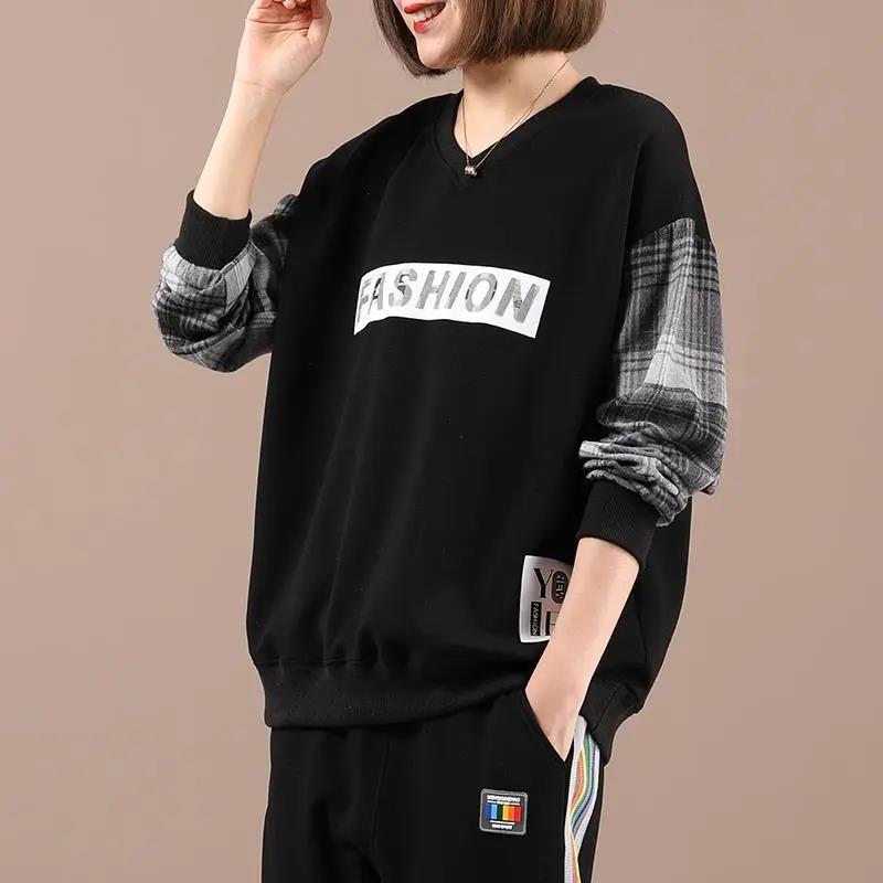 Sweatshirts Women's Spring and Autumn Large Size Loose V-neck Letter Printing Casual Plaid Stitching Long-sleeved Sweater