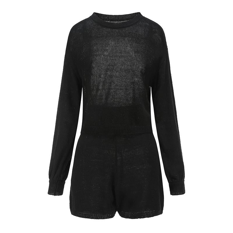 Casual Knitted Summer Women Suit Bubble Long Sleeve Suit with Shorts for Women O Neck Loose Sexy Sweater Two Piece Set