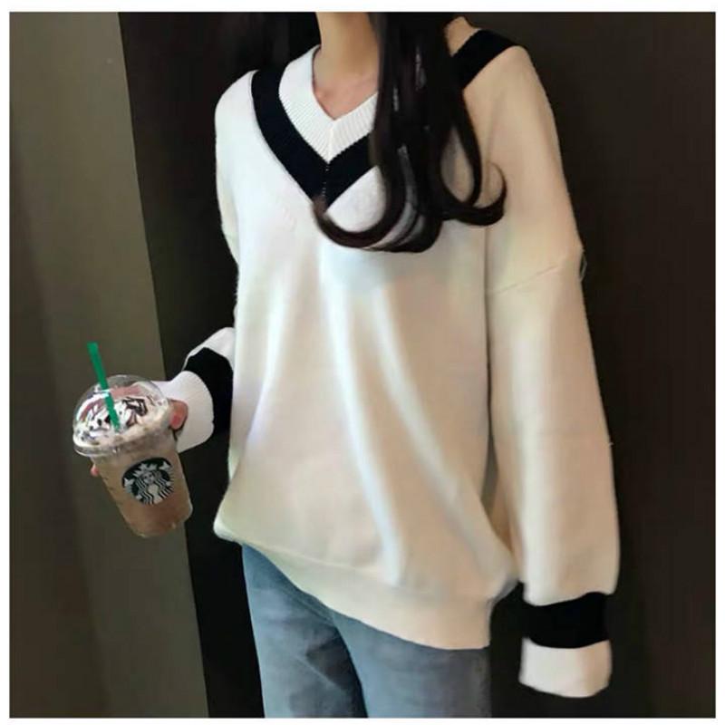 Pofulove V-neck Sweater Women Korean Loose Lazy College Style Pullover Knit Top Autumn Winter