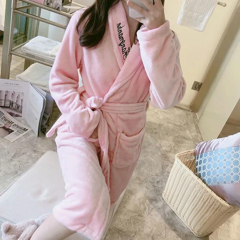 Coral Velvet Pajamas Nightgown Women's Autumn Winter Long Thickened Flannel Bathrobe Loose Outerwear Nightdress Home Wear
