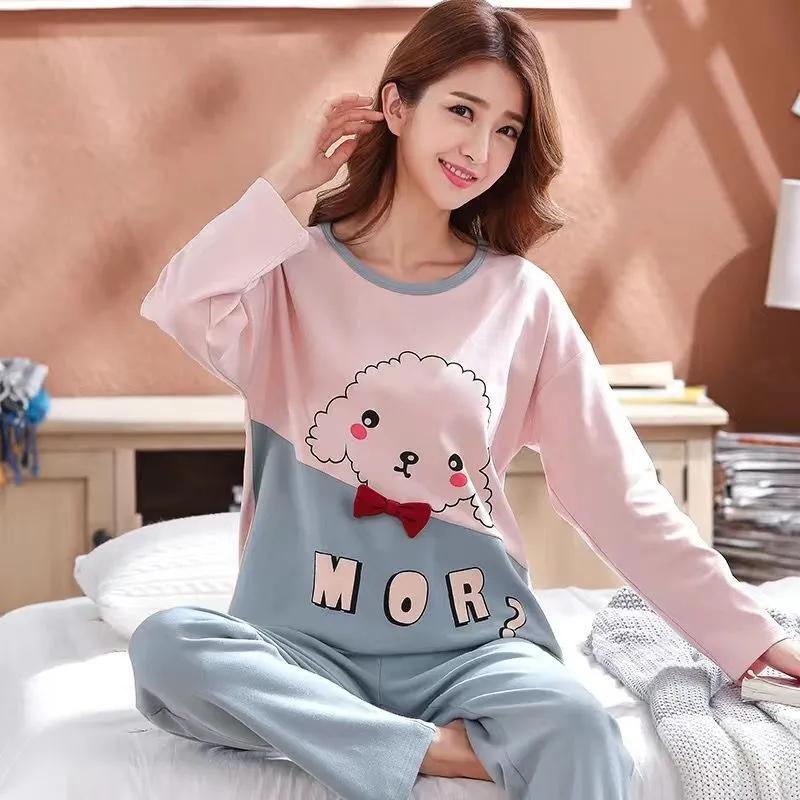 Women's Pure Cotton Long-sleeved Pajamas Set Simple Cartoon Printing Round Neck Loose Thin Casual Homewear Set Soft Comfortable Pjs Sleeping Suit