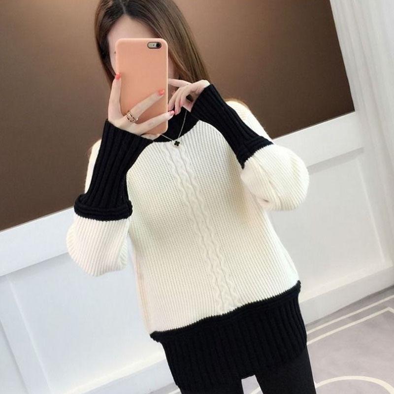 Autumn and Winter Cropped Sweater Pullover Loose Color Matching Jacket Half High Neck Knitted Female Top
