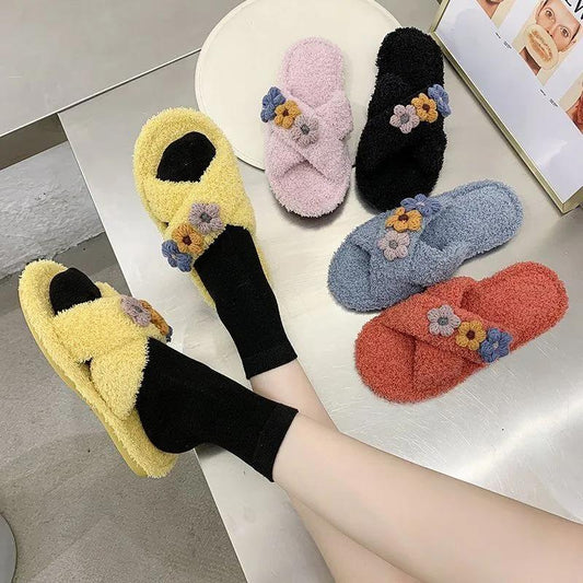 Cotton Slippers Female Cute Plush Slippers Wear Plush To Keep Warm At Home Winter Slippers Non-slip Breathable Cross Slippers
