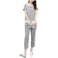 Women's Loose and Thin Casual Plaid Suit Women's Casual Pants Two-piece Suit Round Neck Short Sleeve + Casual Straight-leg Pants Ladies Daily Suit