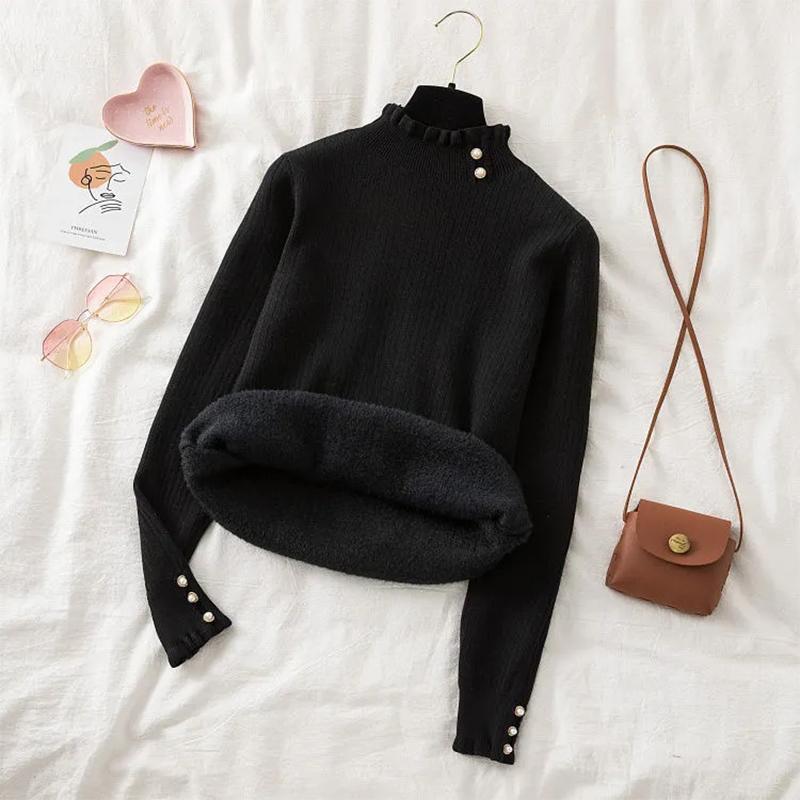 Omen's Sweater Thickened Velvet Half High Collar Autumn Winter All-match Thinner Knitted Bottoming Shirt Warm Clothes Women