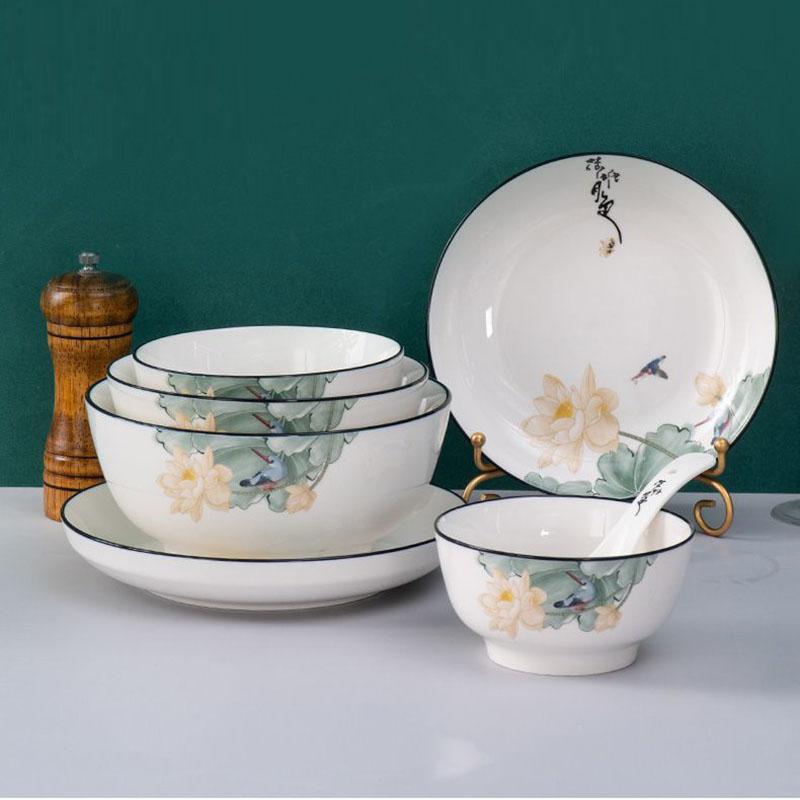 Household Deepened Dish Plate Ceramic Dish Rice Plate Soup Plate Dish Set Creative Chinese Meal Plate Two Person Tableware Set