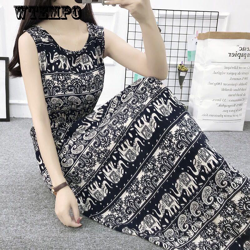 WTEMPO Fashion Summer National Style Floral Dress Seaside Holiday Dress Large Size Print Long Skirt