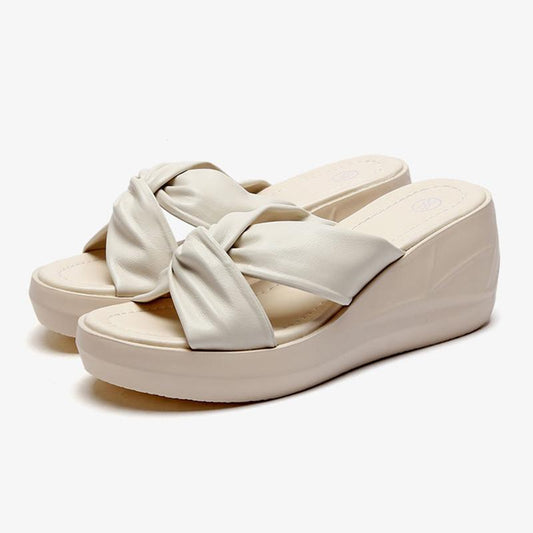 Wedge Heel Slippers Women's Platform Sandals Cross Bow Summer All-match PU Shoes High Heel Flip Flops Vintage Temperament Slippers Casual Beach Wear