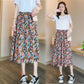 Floral Skirt Women Chiffon High Waist Long Skirt A-line Skirt Mid-length Floral Skirt Elastic Waistline Ladies Skirt Fabric Light and Breathable