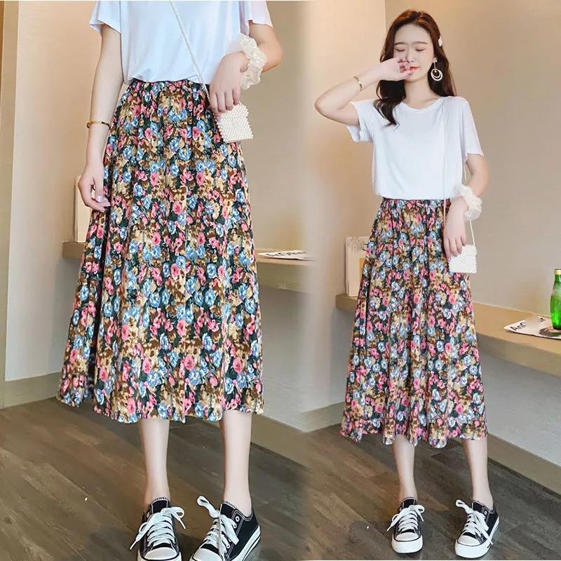 Floral Skirt Women Chiffon High Waist Long Skirt A-line Skirt Mid-length Floral Skirt Elastic Waistline Ladies Skirt Fabric Light and Breathable