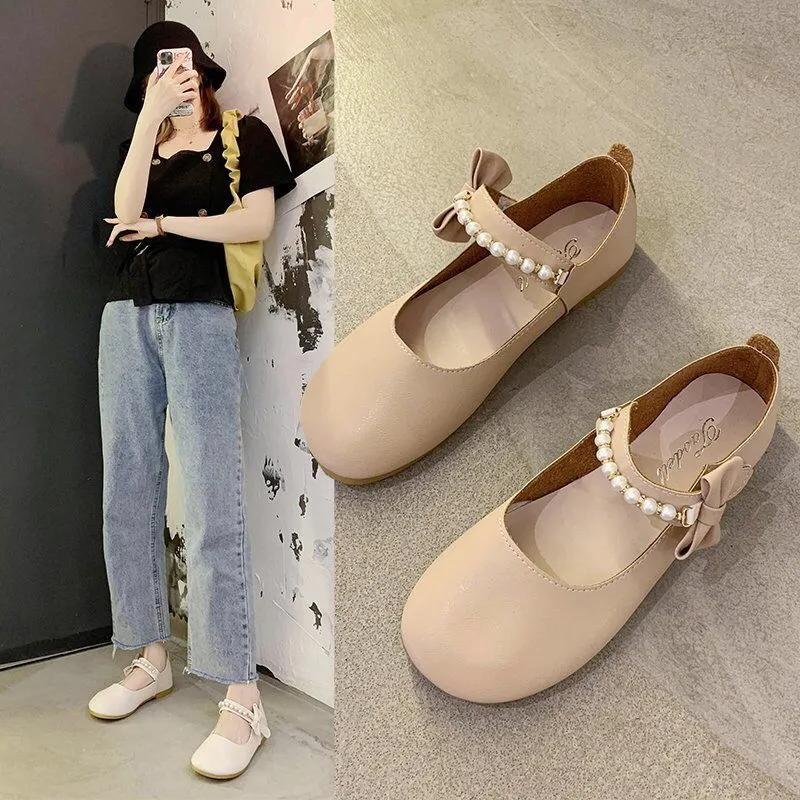 Women's Spring and Summer Gentle Fairy Style Flat Shoes Lazy Beanie Shoes Small Leather Shoes Lady Elegant Shoes