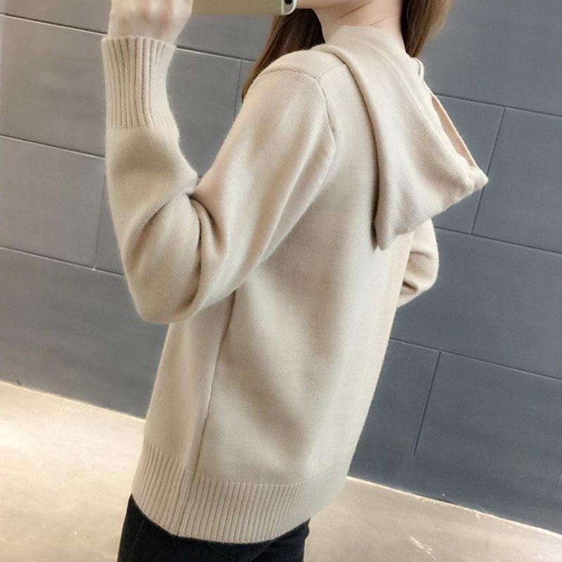 Hooded Sweater Women Loose Pullover Knit Sweater with Pockets for Outer Wear Base Knit Jumper