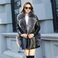 Winter Women's Mid-length Leather Jacket Plus Cotton and Velvet Warm Fur Coat with Faux Fox Fur Collar Windproof Leather Trench Coat Plus Size S-7XL