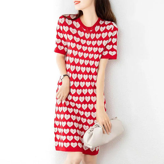 Round Neck Heart Pattern Short-sleeved Dress Drape Thin Temperament Elegant Straight Skirt Women's Summer Loose and Thin Printed Dress