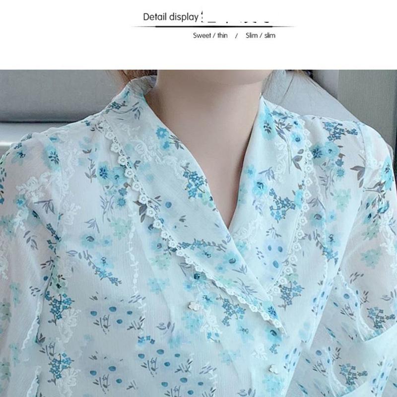 Chiffon Shirt Floral Short-sleeved Suit Female Sweet Temperament Thin Fishtail Skirt Two-piece Retro Style Skirt Chiffon Fishtail Skirt