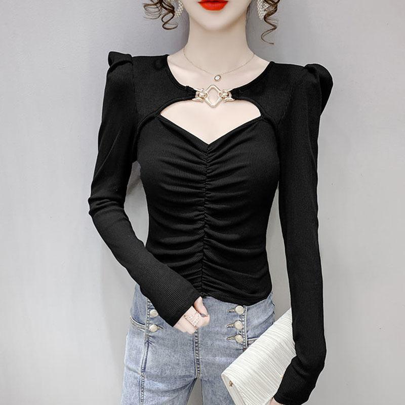Women's Spring and Autumn Solid Color T-shirt Slim Long Sleeve Top