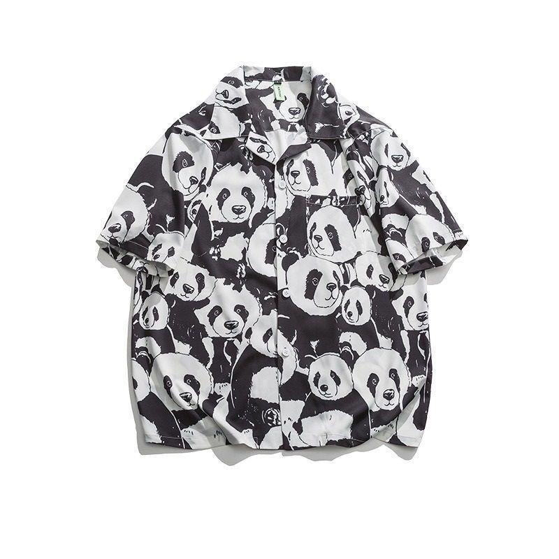 Summer Color Ink Bear Print Short-sleeved Shirt Loose-fitting Couple Shirt