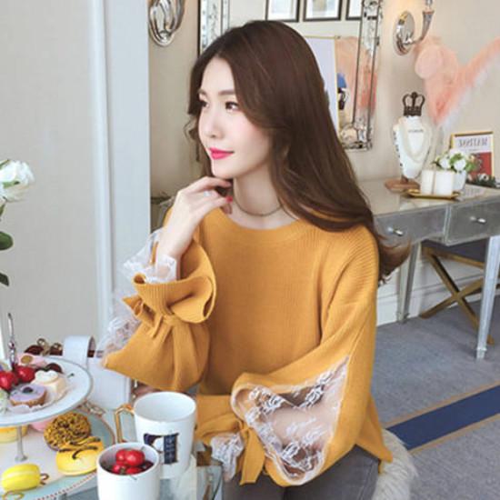 Pofulove Women Crew Neck Lace Bow Cuffs Base Knitwear Chic Skin-friendly Loose Girly Jumper Sweater