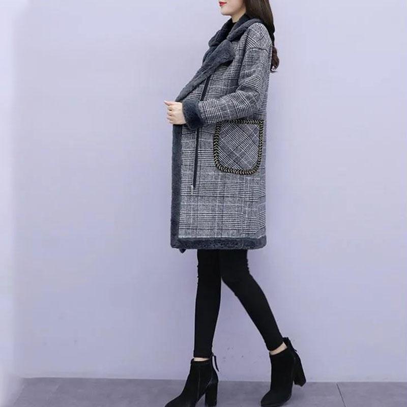 Winter Plus Cotton Thick Warm Woolen Plaid Lamb Wool Coat Jacket Women's Mid-length Plus Size Fat Thick Warm Cotton Coat Plus Velvet Coat