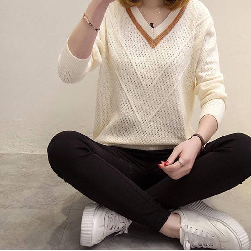 Pofulove Pullover Sweater Women V- Neck Soft Hollow Knitted Winter Knitwear Pull Femme Sweaters Tops