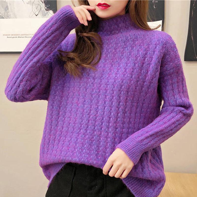 Pofulove Alpaca Half-high Collar Pullover Sweater Women Loose Fall Winter Bottoming Thick Shirt