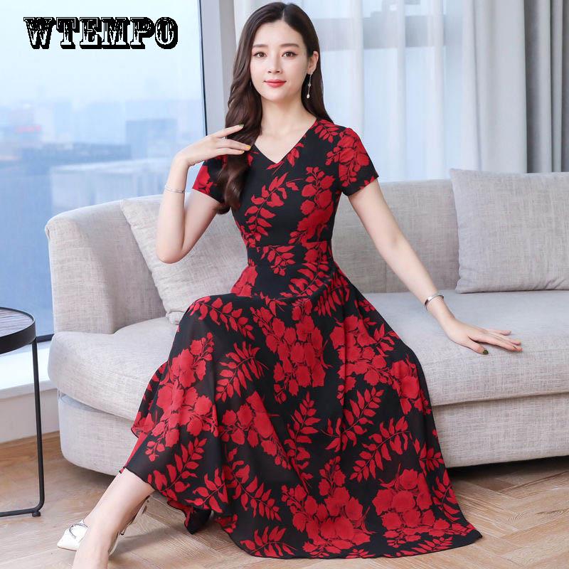 Summer Round Neck Short-sleeved Dress Floral Dress Over The Knee Loose and Thin