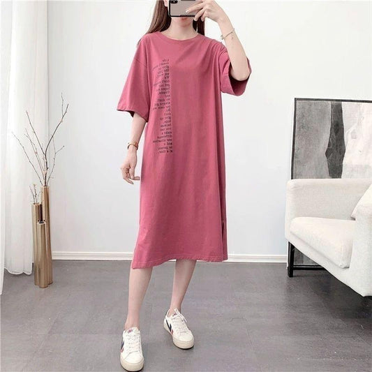 Cotton Simple Style Women's Summer Dress Short Sleeve Round Neck Solid Color Knee-length Daily Wear