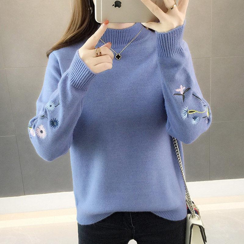 Pofulove Women's pullover top Embroidered half turtleneck sweater loose large size bottoming shirt long sleeve sweater winter