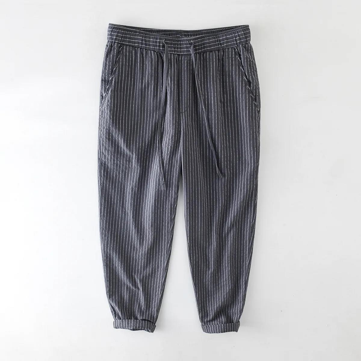 Striped Thin Elastic Waist Straight-leg Casual Cropped Trousers Men's Drawstring Youth Breathable Loose Trousers