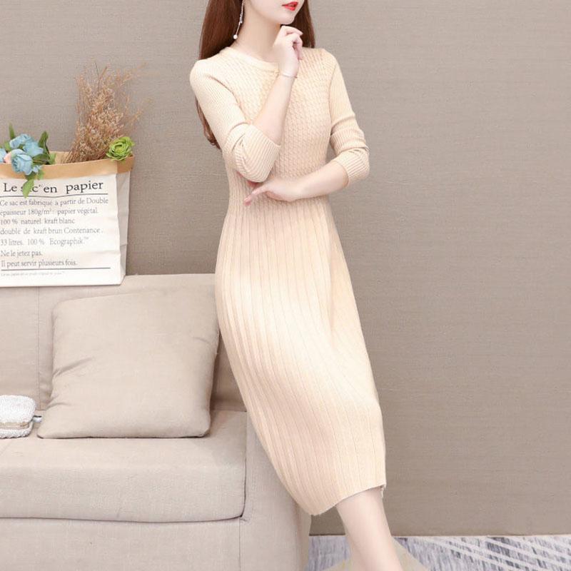 Autumn and Winter Slim-fit Inner Base Skirt Mid-length Casual Pleated Skirt Solid Color Over-the-knee Women's Sweater Dress