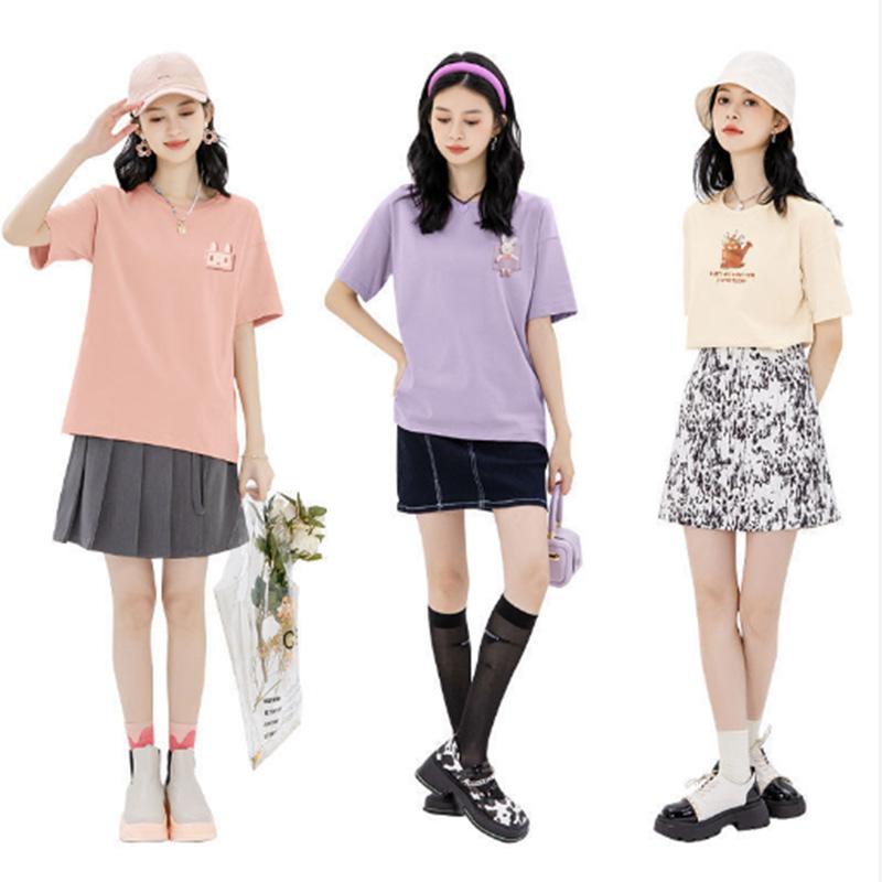 Solid Color Pattern T-shirt Women's Short-sleeved Summer Student Korean Version Round Neck Loose Ins Trend Design Top