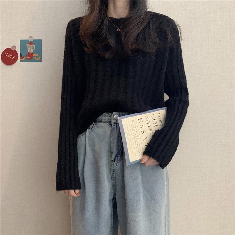 Autumn  Winter  Knitted Pullover Round Neck Versatile Thick Warm Woolen Sweater Bottoming Shirt  Vertical Stripes Loose