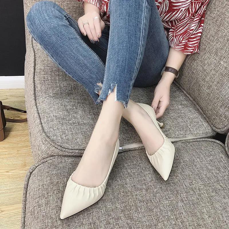 High Heels Women European Stiletto Mid-heel Pointed Toe Fashion High Heels Working Leather Shoes Women