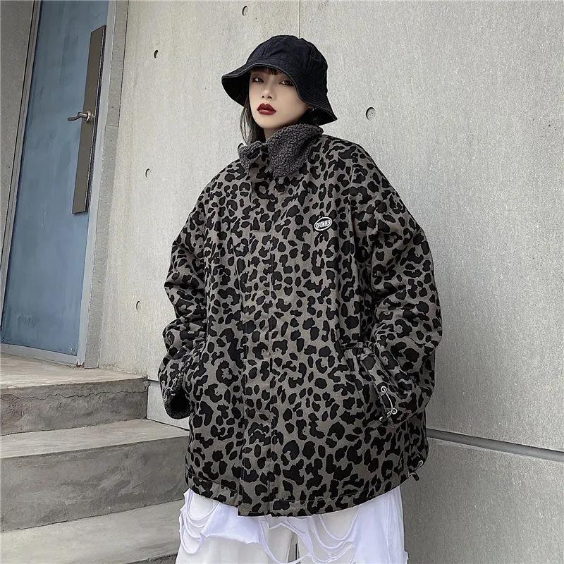 Leopard Print Double-sided Polar Fleece Jacket Winter Korean Version of The Loose High Collar Mid-length Lamb Velvet Jacket Suitable for Young Women
